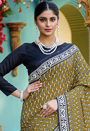 Digital Printed Bhagalpuri Cotton Saree in Olive Green