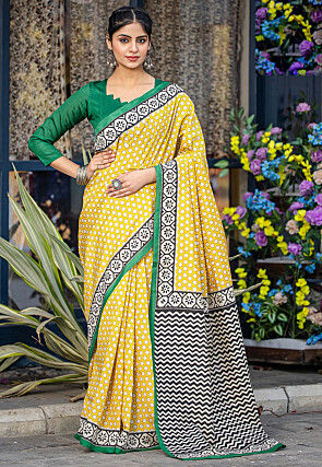 Digital Printed Bhagalpuri Cotton Saree in Yellow