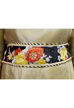 Digital Printed Bhagalpuri Silk Adjustable Waist Belt in Black