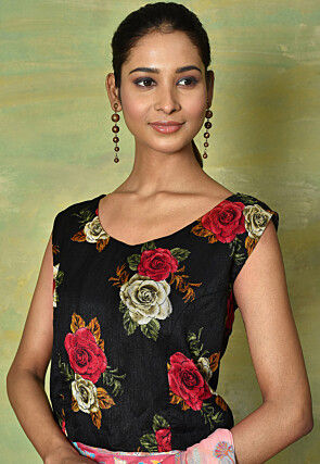 Digital Printed Bhagalpuri Silk Blouse in Black