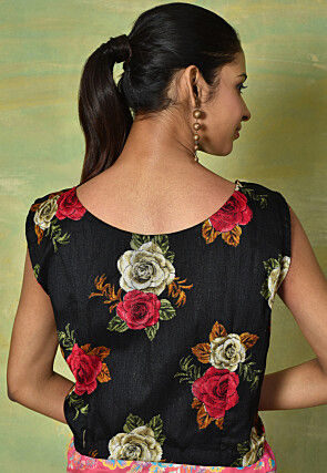 Digital Printed Bhagalpuri Silk Blouse in Black