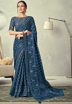 Digital Printed Brasso Silk Saree in Teal Blue
