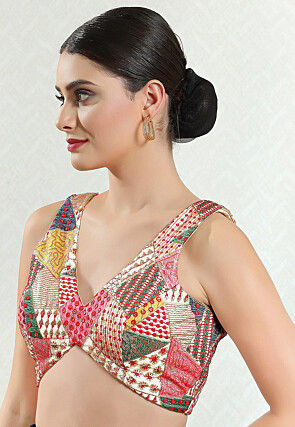 Digital Printed Brocade Blouse in Beige and Multicolor