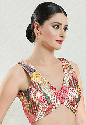 Digital Printed Brocade Blouse in Beige and Multicolor