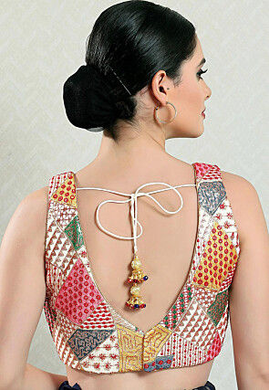 Digital Printed Brocade Blouse in Beige and Multicolor