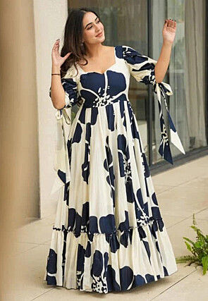 Digital Printed Cambric Cotton Gown in Off White