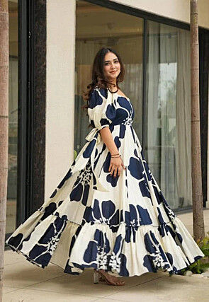 Digital Printed Cambric Cotton Gown in Off White