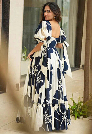 Digital Printed Cambric Cotton Gown in Off White