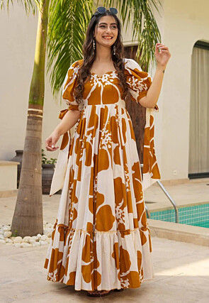 Digital Printed Cambric Cotton Gown in Off White