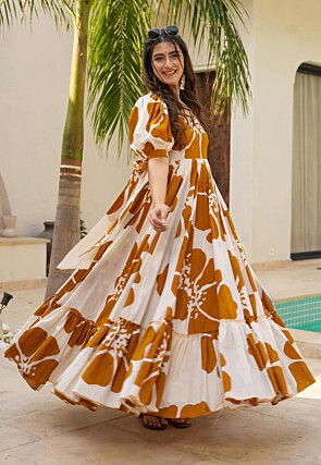 Digital Printed Cambric Cotton Gown in Off White