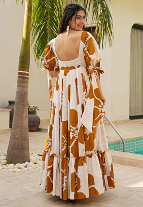 Digital Printed Cambric Cotton Gown in Off White