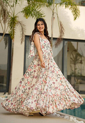 Digital Printed Cambric Cotton Gown in Off White
