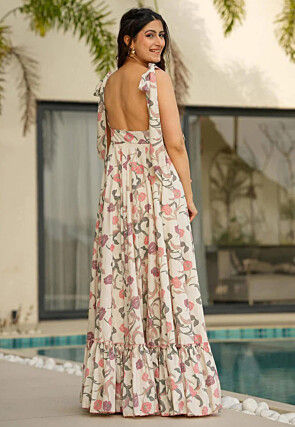 Digital Printed Cambric Cotton Gown in Off White