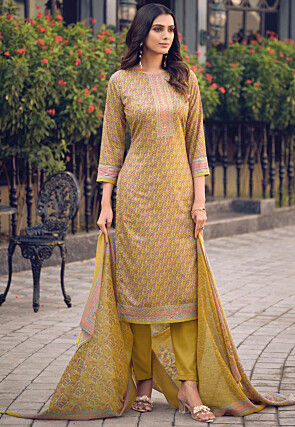 Digital Printed Cambric Cotton Pakistani Suit in Mustard