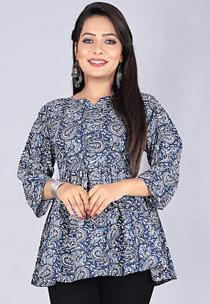 Digital Printed  Cambric Cotton Tunic in Navy Blue