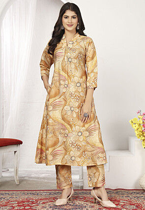Digital Printed Chanderi Cotton A Line Kurta Set in Beige