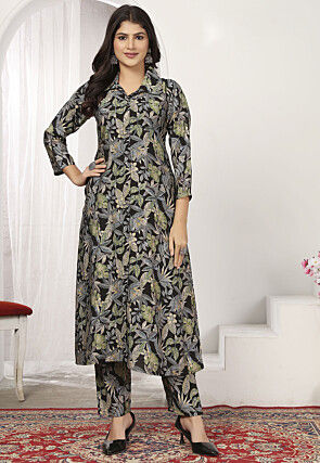 Digital Printed Chanderi Cotton A Line Kurta Set in Black