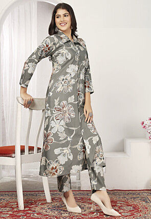 Digital Printed Chanderi Cotton A Line Kurta Set in Grey