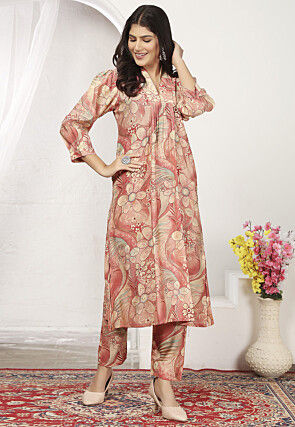 Digital Printed Chanderi Cotton A Line Kurta Set in Peach