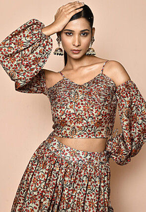 Digital Printed Chanderi Cotton Crop Top Set in Beige