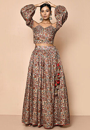 Digital Printed Chanderi Cotton Crop Top Set in Beige