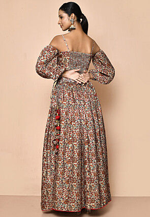 Digital Printed Chanderi Cotton Crop Top Set in Beige