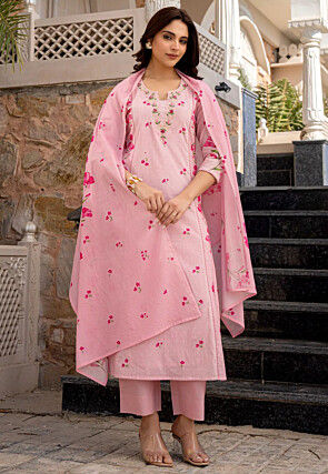 Digital Printed Chanderi Cotton Jacquard Pakistani Suit in Pink