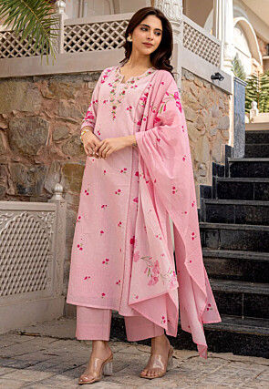 Digital Printed Chanderi Cotton Jacquard Pakistani Suit in Pink