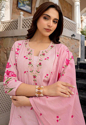 Digital Printed Chanderi Cotton Jacquard Pakistani Suit in Pink