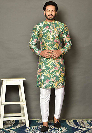 Digital Printed Chanderi Cotton Kurta Set in Green