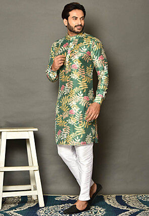 Digital Printed Chanderi Cotton Kurta Set in Green