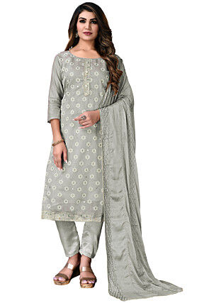 Digital Printed Chanderi Cotton Pakistani Suit in Grey