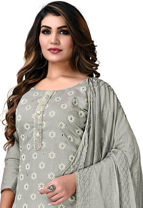 Digital Printed Chanderi Cotton Pakistani Suit in Grey