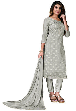 Digital Printed Chanderi Cotton Pakistani Suit in Grey