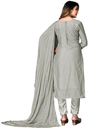 Digital Printed Chanderi Cotton Pakistani Suit in Grey