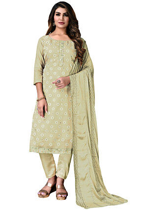 Digital Printed Chanderi Cotton Pakistani Suit in Light Olive Green