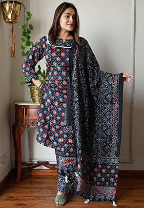 Digital Printed Chanderi Cotton Pakistani Suit in Navy Blue