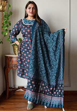 Digital Printed Chanderi Cotton Pakistani Suit in Teal Blue