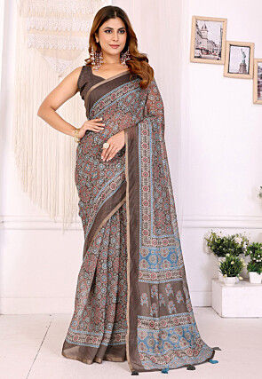 Ajrakh Printed Chanderi Cotton Saree in Brown