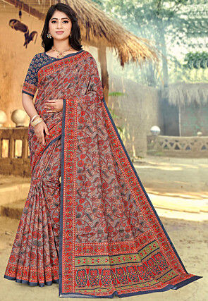 Pure Chanderi Silk Saree With Azrak Print With Blouse – fab-persona
