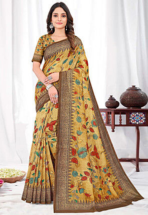 Yellow Chanderi saree with block printed Ajrakh border and pallu – Sujatra