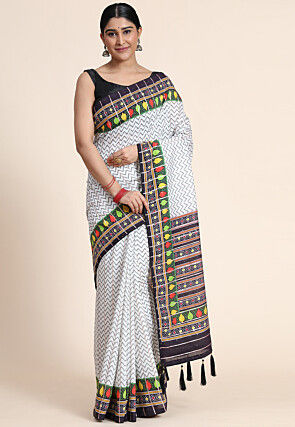 Digital Printed Chanderi Cotton Saree in Off White