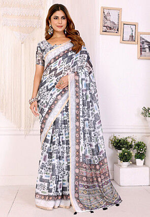 Digital Printed Chanderi Cotton Saree in Off White