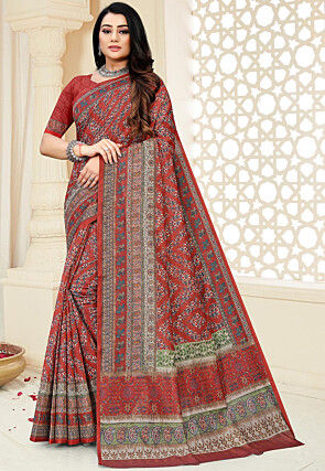 Digital Printed Chanderi Cotton Saree in Red