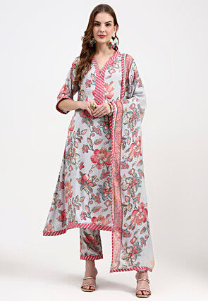 Digital Printed Chanderi Silk A Line Suit in Grey