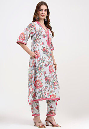 Digital Printed Chanderi Silk A Line Suit in Grey