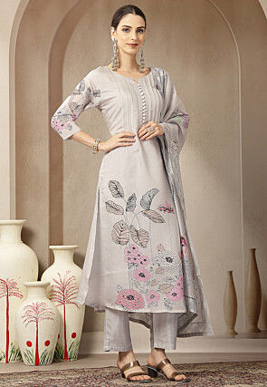 Digital Printed Chanderi Silk A Line Suit in Grey