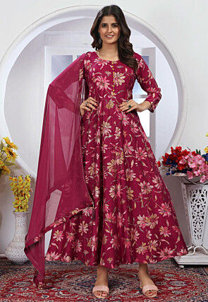 Digital Printed Chanderi Silk A Line Suit in Magenta