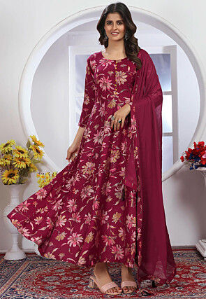 Digital Printed Chanderi Silk A Line Suit in Magenta