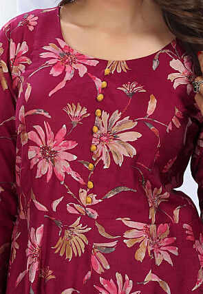 Digital Printed Chanderi Silk A Line Suit in Magenta